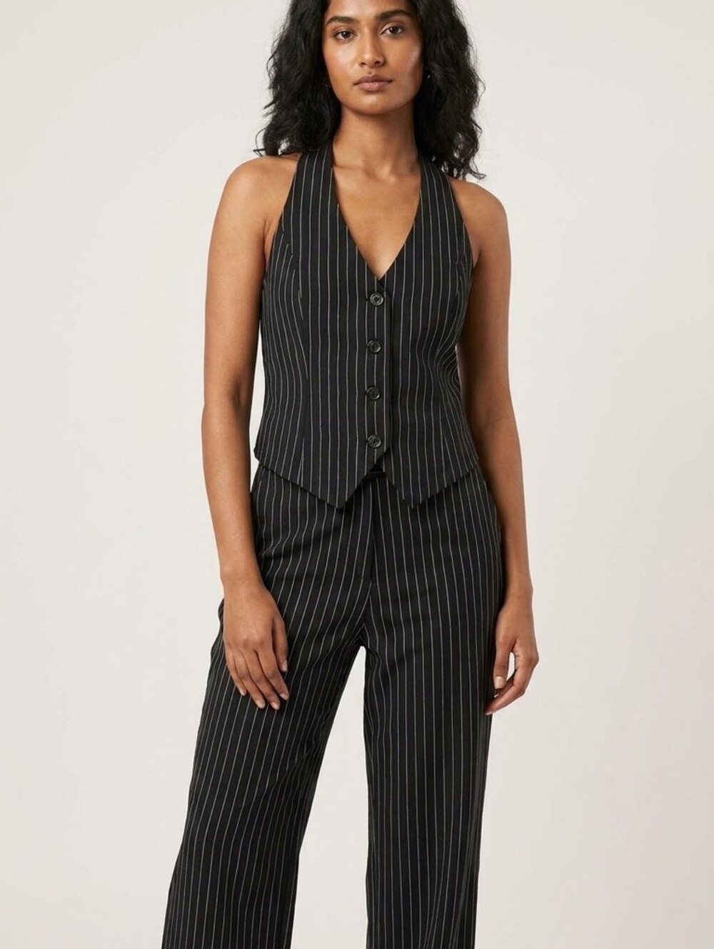 Black Pinstripe Halter Top And Pinstripe Pants